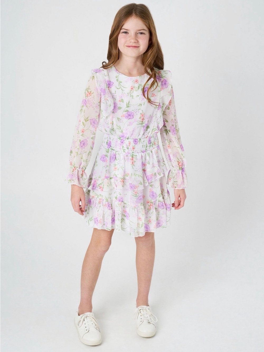 Rare Editions White Floral Ruffle Chiffon Dress with Lavender Accents 14 NWT